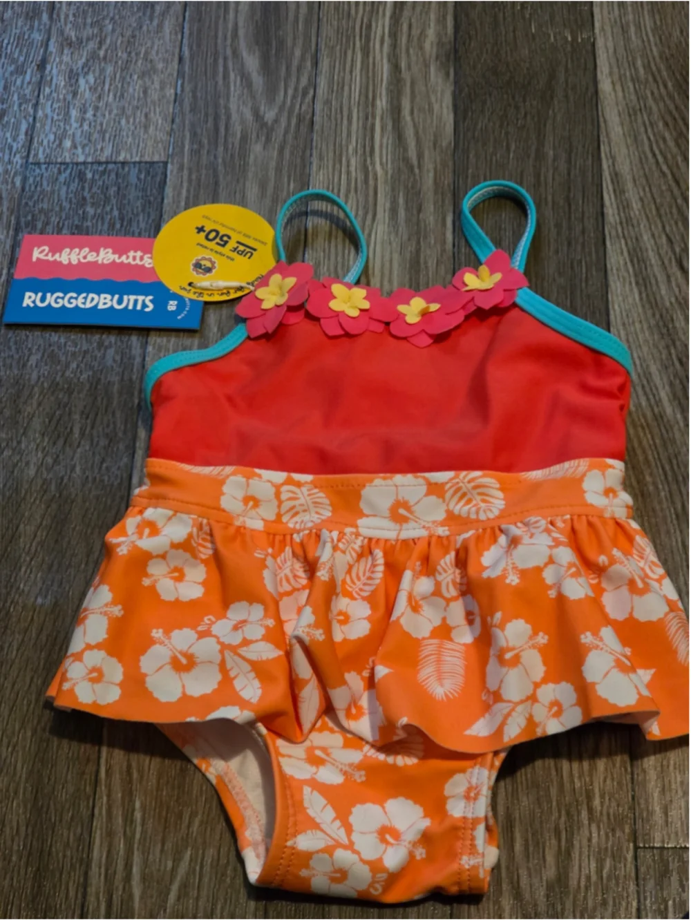 Baby Girl RuffleButts One Piece Swimsuit 3-6 Months Orange Red Floral Moana